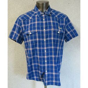Mens Lucky Brand Short Sleeve Button Front Shirt Blue XL Cotton Plaid‎ Geometric